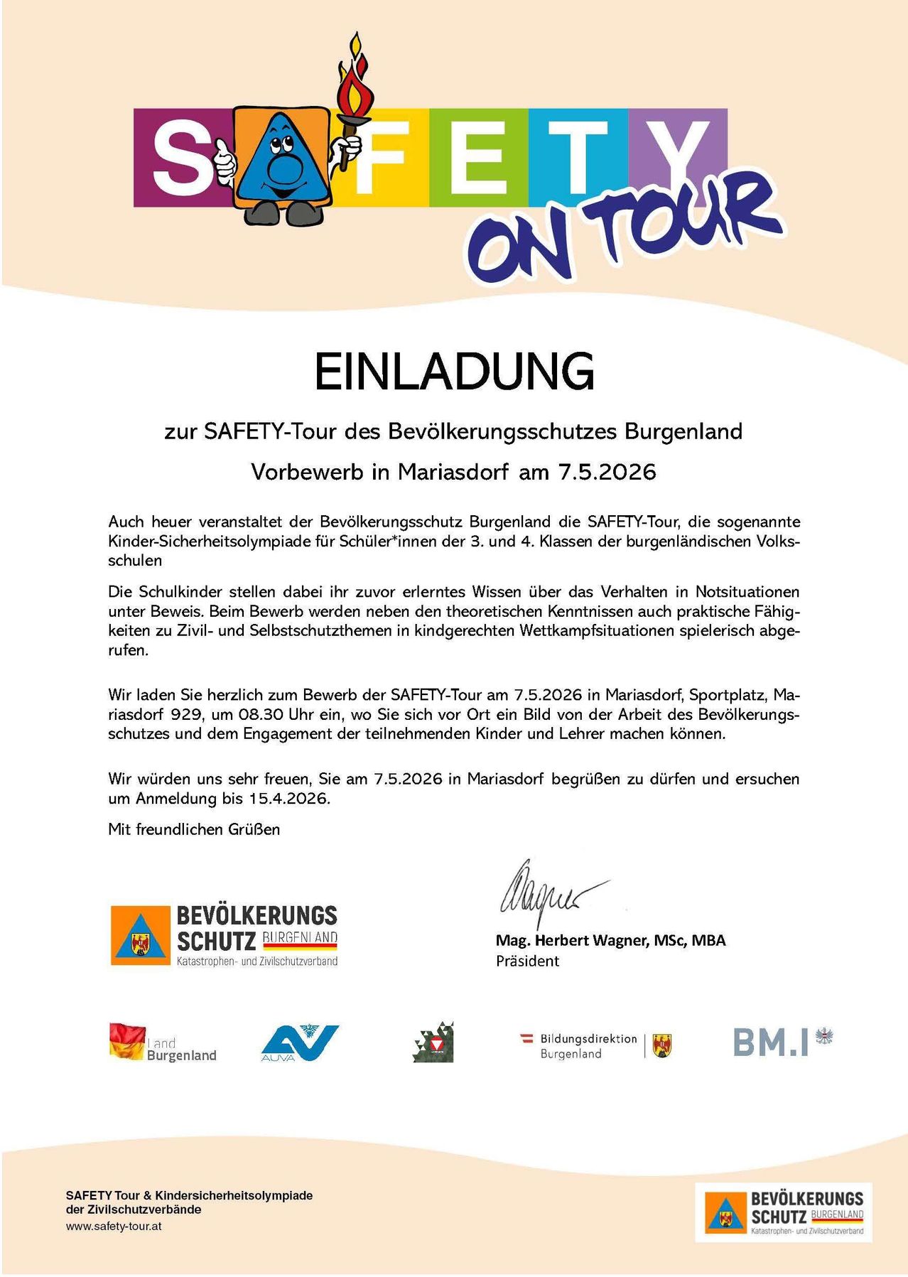 Invitation to the safety tour of the Burgenland civil protection. Pre-registration in Mariasdorf on 7.5.2026. The children demonstrate their learned knowledge about behavior in emergency situations. Registration until May 15, 2026.