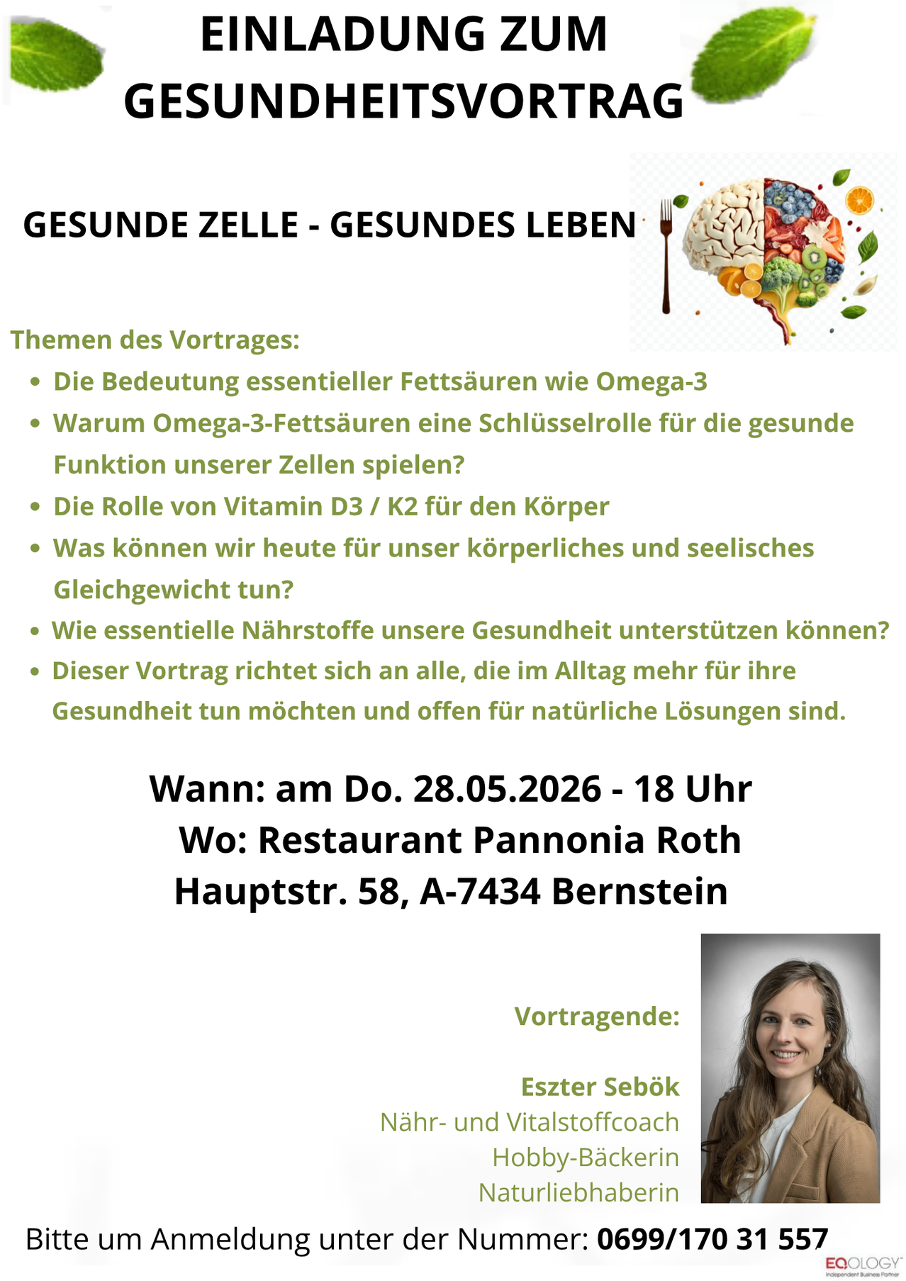 Healthy cell - healthy life. Topics: Importance of essential fatty acids like Omega-3. Role of Omega-3 fatty acids in cell health. The role of vitamin D3/K2 for the body. What can we do today for our physical and mental balance? How can essential nutrients support our health? The lecture is aimed at everyone who wants to do more for their health in everyday life.