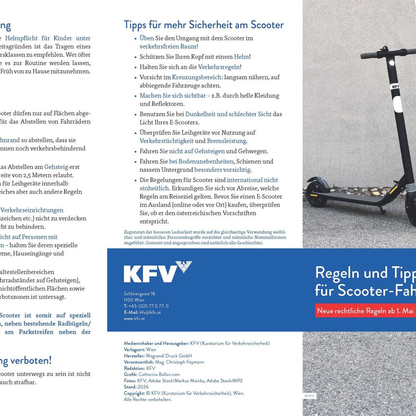 Das Bild zeigt Sicherheitstipps für Rollerfahrer. Es enthält Ratschläge zum Tragen eines Helms, zur Verwendung von reflektierender Kleidung und zur Vermeidung der Rollernutzung im Dunkeln. Es warnt auch davor, auf Gehwegen zu fahren und rät zu Einhaltung der Verkehrsregeln.