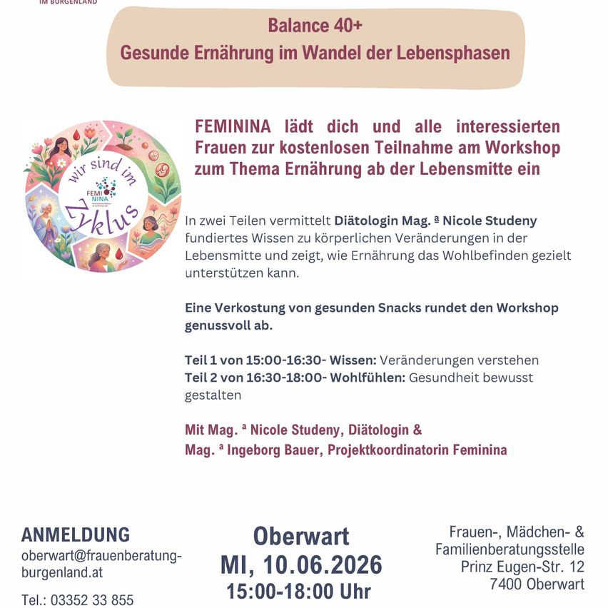 Ein Poster lädt Frauen zu einem kostenlosen Workshop über Ernährung ein. Geführt von Mag. a Nicole Studeny, behandelt es Körperveränderungen und Vorteile der Ernährung. Inklusive einer gesunden Snackpause. Teil 1: 15:00-16:30, Veränderungen verstehen. Teil 2: 16:30-18:00, Wohlbefinden: Gesundheitsbewusst. 10.06.2026, 15:00-18:00 in Oberwart.