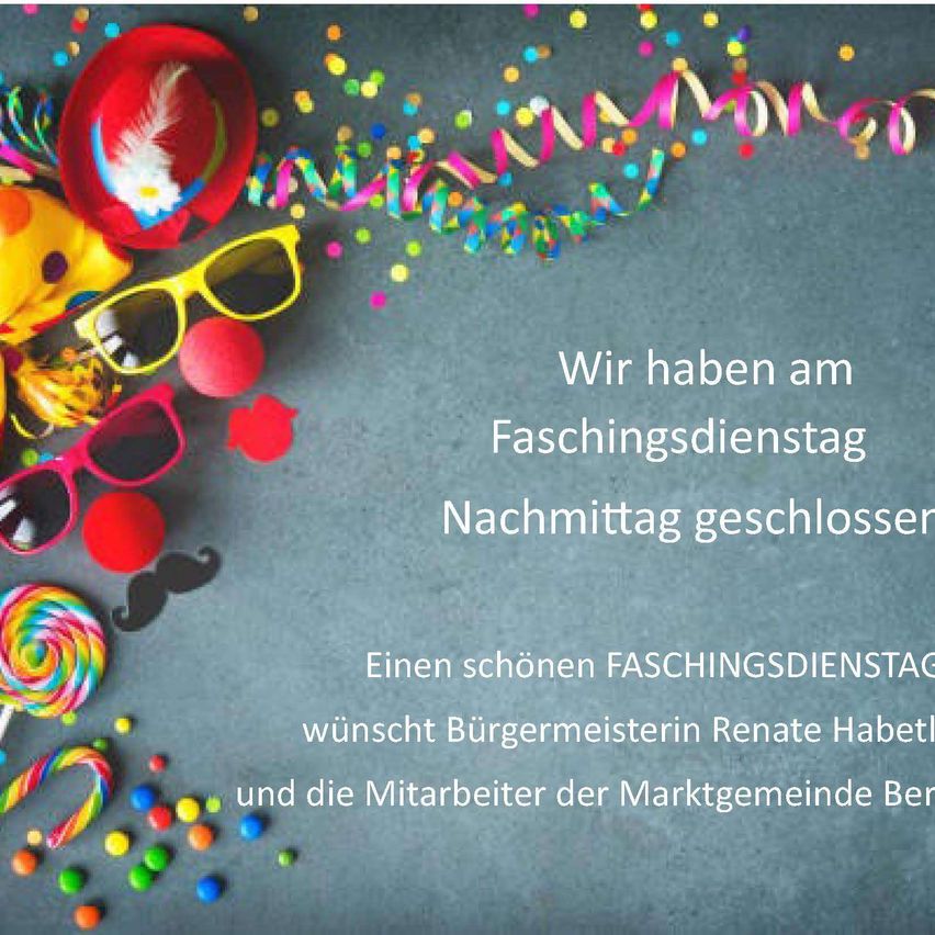 A poster with various items including glasses, a hat, candies, and ribbons. The poster reads 'We were closed on Shrove Tuesday afternoon.' It also mentions a wish for a nice Shrove Tuesday.