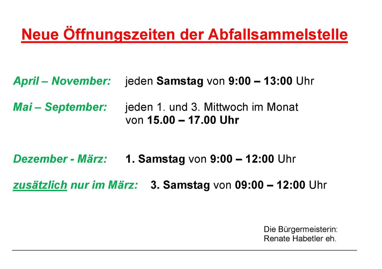 Ein Diagramm zeigt die Öffnungszeiten der Abfallsammelstellen für November, September und März. Für November ist es jeder Samstag von 9:00 bis 13:00 Uhr. Für September ist es der 1. und 3. Mittwoch im Monat von 15:00 bis 17:00 Uhr. Für März ist es der 1. und 3. Samstag von 9:00 bis 12:00 Uhr.