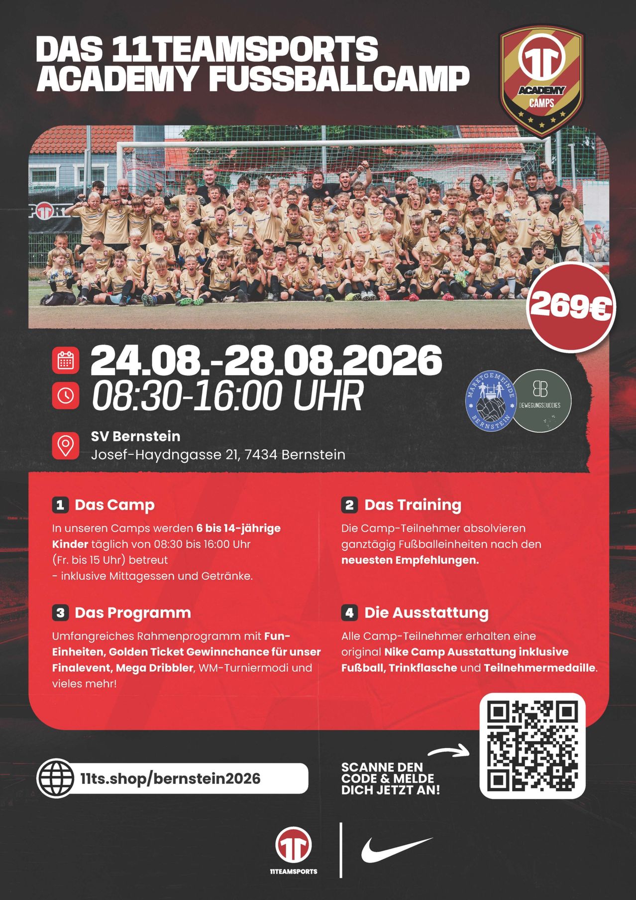 Ein Fußballcamp für Kinder von 6 bis 14 Jahren vom 24. bis 28. August 2026 bei SV Bernstein. Aktivitäten umfassen Fußballtraining, Spaßeinheiten und mehr. QR-Code zum Scannen.