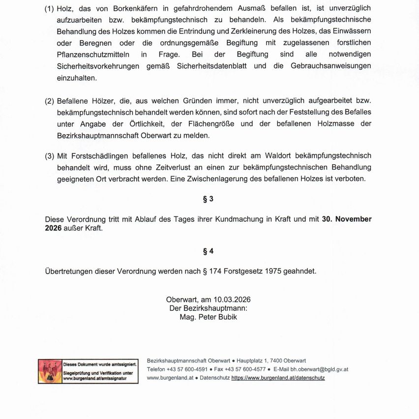 Das Bild enthält Anweisungen zur Handhabung von Borkenkäferbefallenem Holz. Es beschreibt sofortige Behandlungsmethoden und Meldeverfahren für gefallenes Holz. Die Verordnungen treten ab dem Tag der Veröffentlichung in Kraft und enden am 30. November 2026.