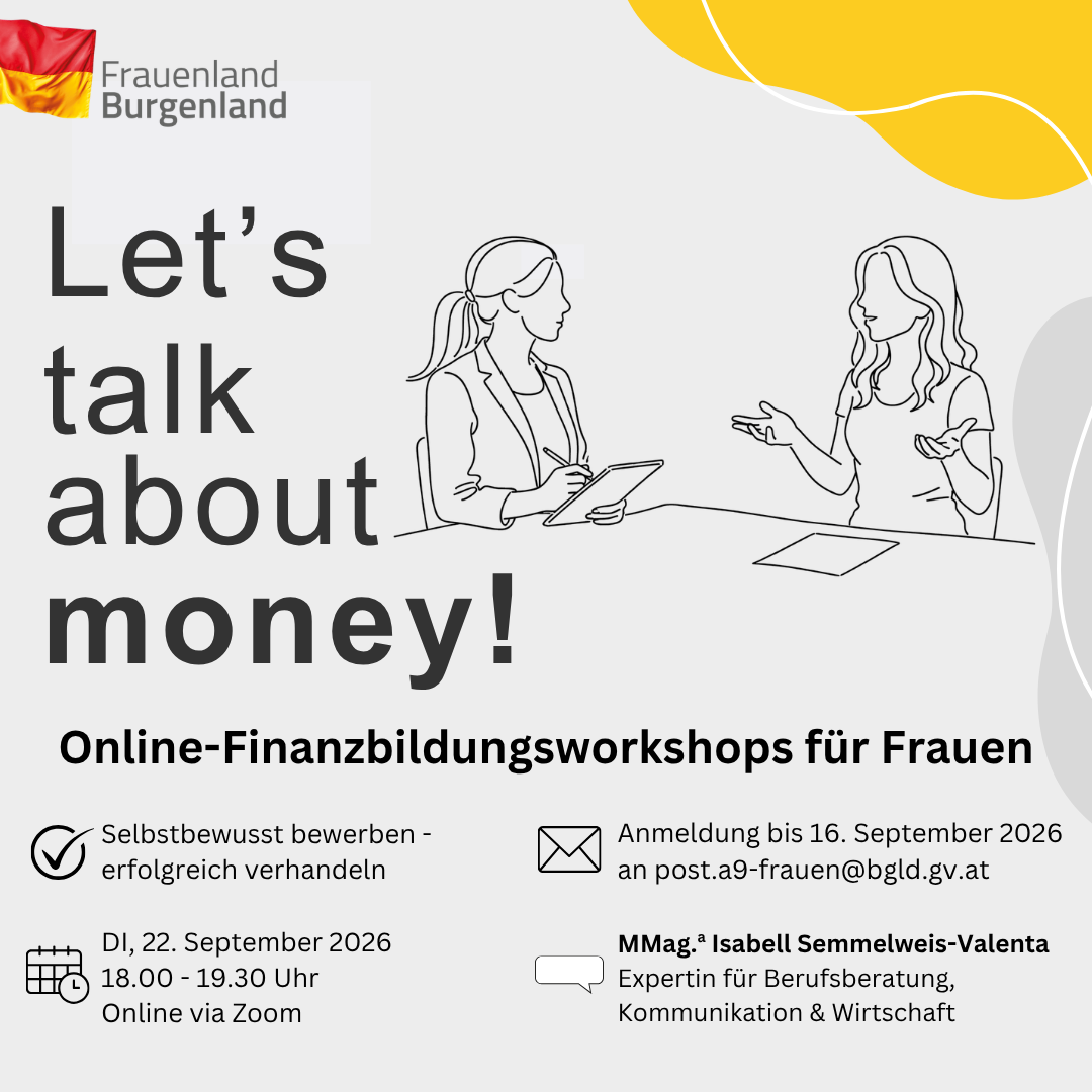 Plakat für einen Online-Finanzbildungsworkshop für Frauen mit einer Flagge Deutschlands, einem Datum und Kontaktinformationen.