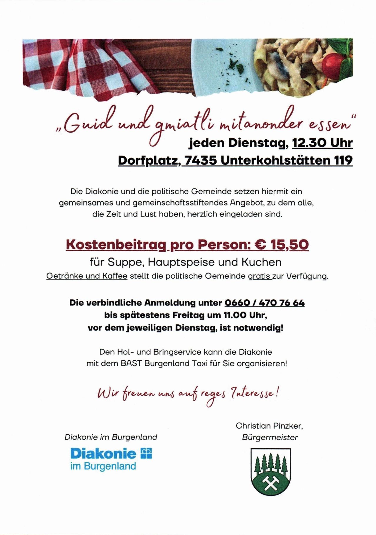 Eine Werbung für eine Gemeinschaftsmahlzeit in Burgenland, Österreich, mit einem Essen, einer Telefonnummer und einer Anmeldefrist.