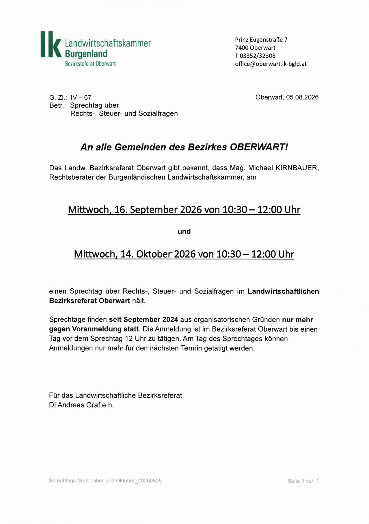 Ein Flugblatt, das einen Vortrag über Rechts-, Steuer- und Sozialfragen in Oberwart, Österreich, ankündigt, geplant für den 16. September 2026 und den 14. Oktober 2026. Die Anmeldung schließt 12 Stunden vor dem Event.
