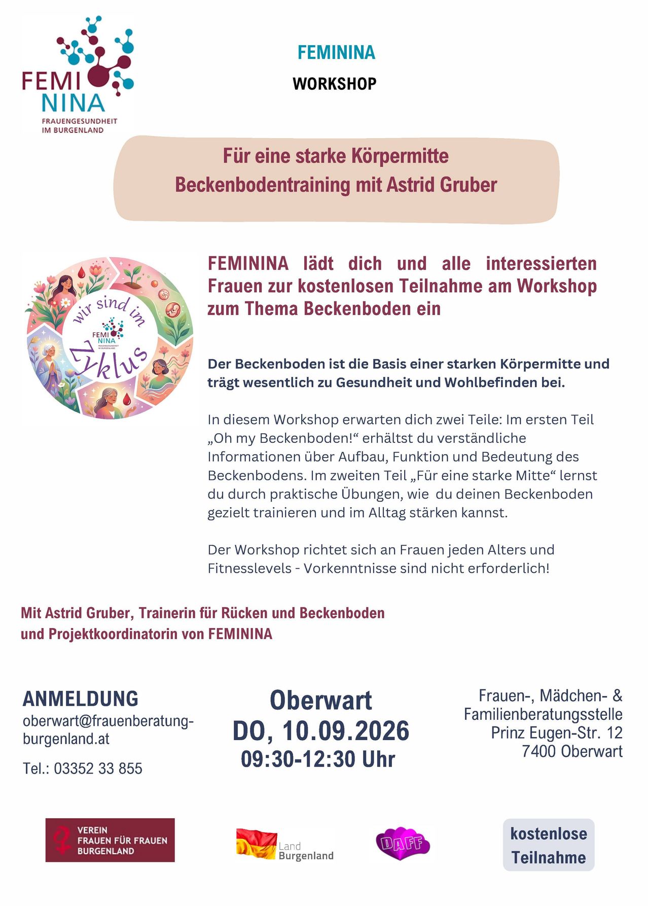 Plakat für ein kostenloses Workshop zum Beckenbodentraining mit Astrid Gruber, das Frauen zur Teilnahme einlädt. Der Workshop behandelt die Anatomie und Funktion des Beckenbodens und bietet praktische Übungen zur Stärkung.