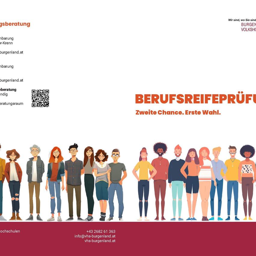 Ein Plakat mit einer Reihe von verschiedenen Personen, die zusammenstehen, mit dem Titel 'Berufsreifepruefung', das eine zweite Chance und erste Wahl bietet. Es enthält Kontaktinformationen und einen QR-Code.
