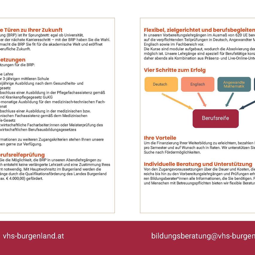 Ein Dokument mit dem Titel 'Die Türen zu Ihrer Zukunft' beschreibt die Vorteile des BRP, einschließlich flexibler, zielorientierter und berufsbegleitender Ausbildung. Es detailliert verschiedene Bildungswege, von 3-jährigen Programmen bis hin zu 4-jährigen Ausbildungen, und erwähnt die Möglichkeit einer 4-jährigen Ausbildung für medizinisch-technische Bereiche.