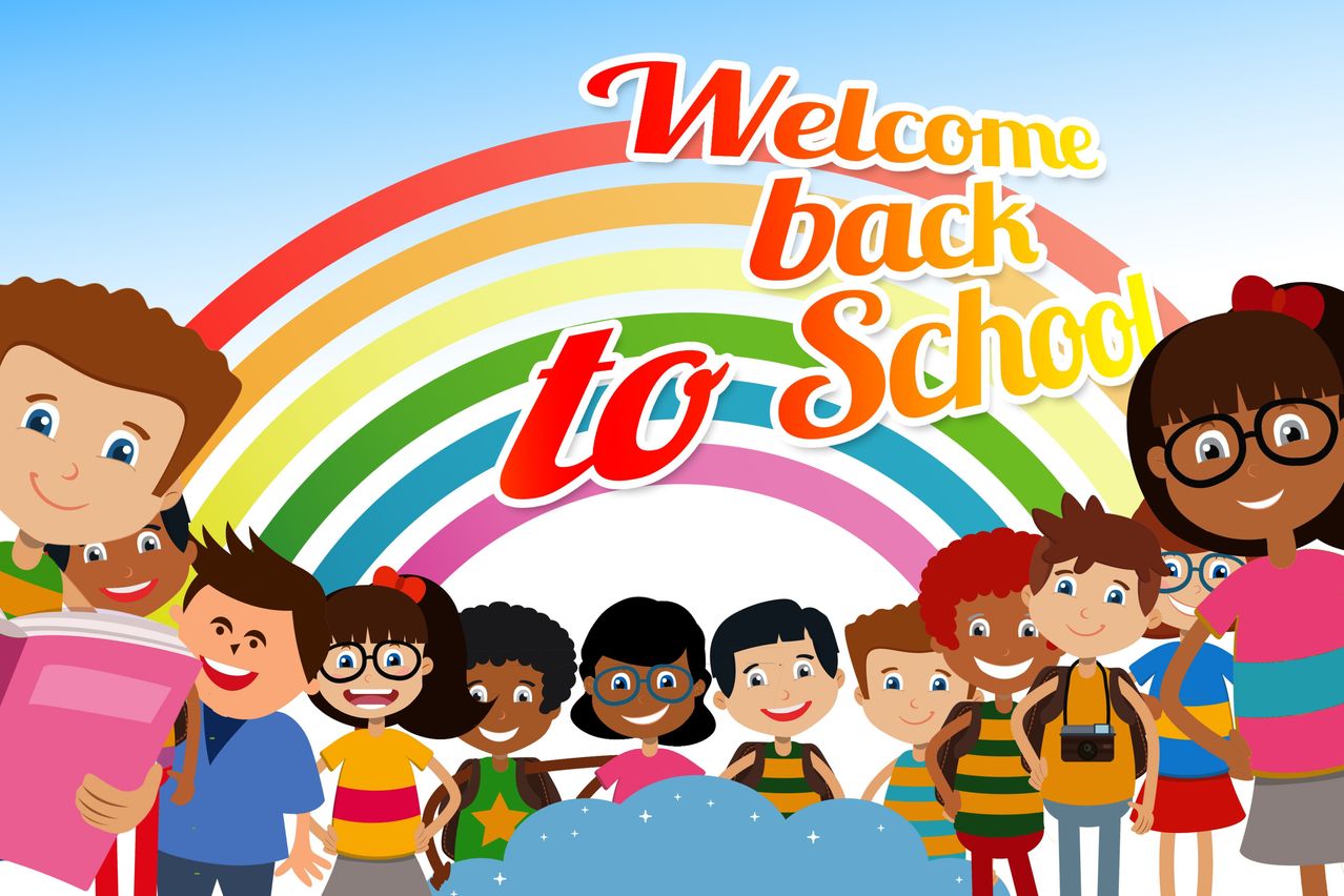 A group of children standing under a colorful rainbow with the words 'Welcome back to School' above them.