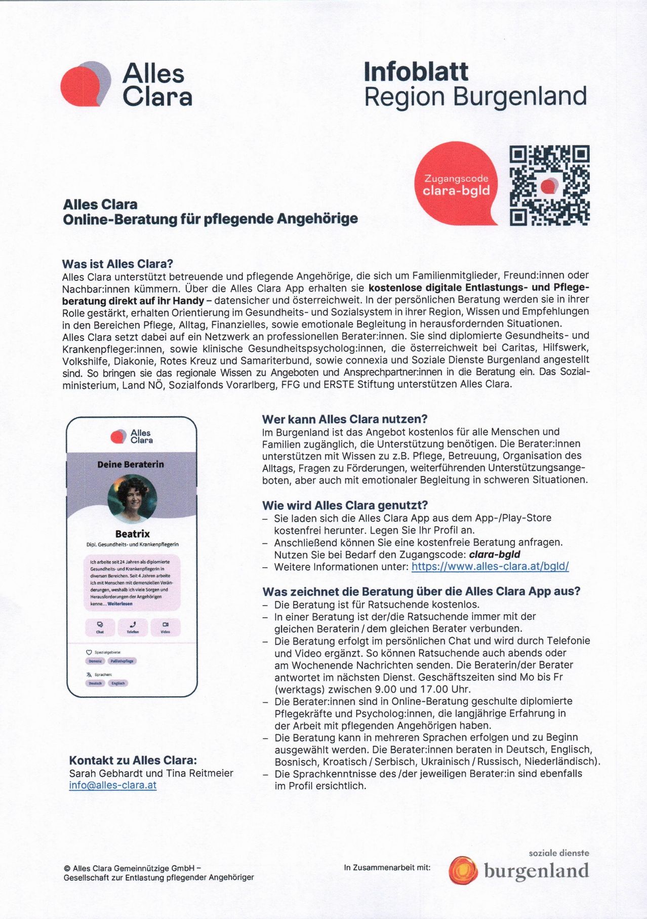 Ein Screenshot der mobilen App-Oberfläche von Alles Clara, einem Online-Beratungsdienst für Pflegende. Es zeigt einen QR-Code, einen roten Kreis mit Sprechblase und das Profil einer Frau mit einem professionellen Titel. Der Text bietet Informationen über den Dienst, seine Verfügbarkeit und wie man ihn nutzen kann.