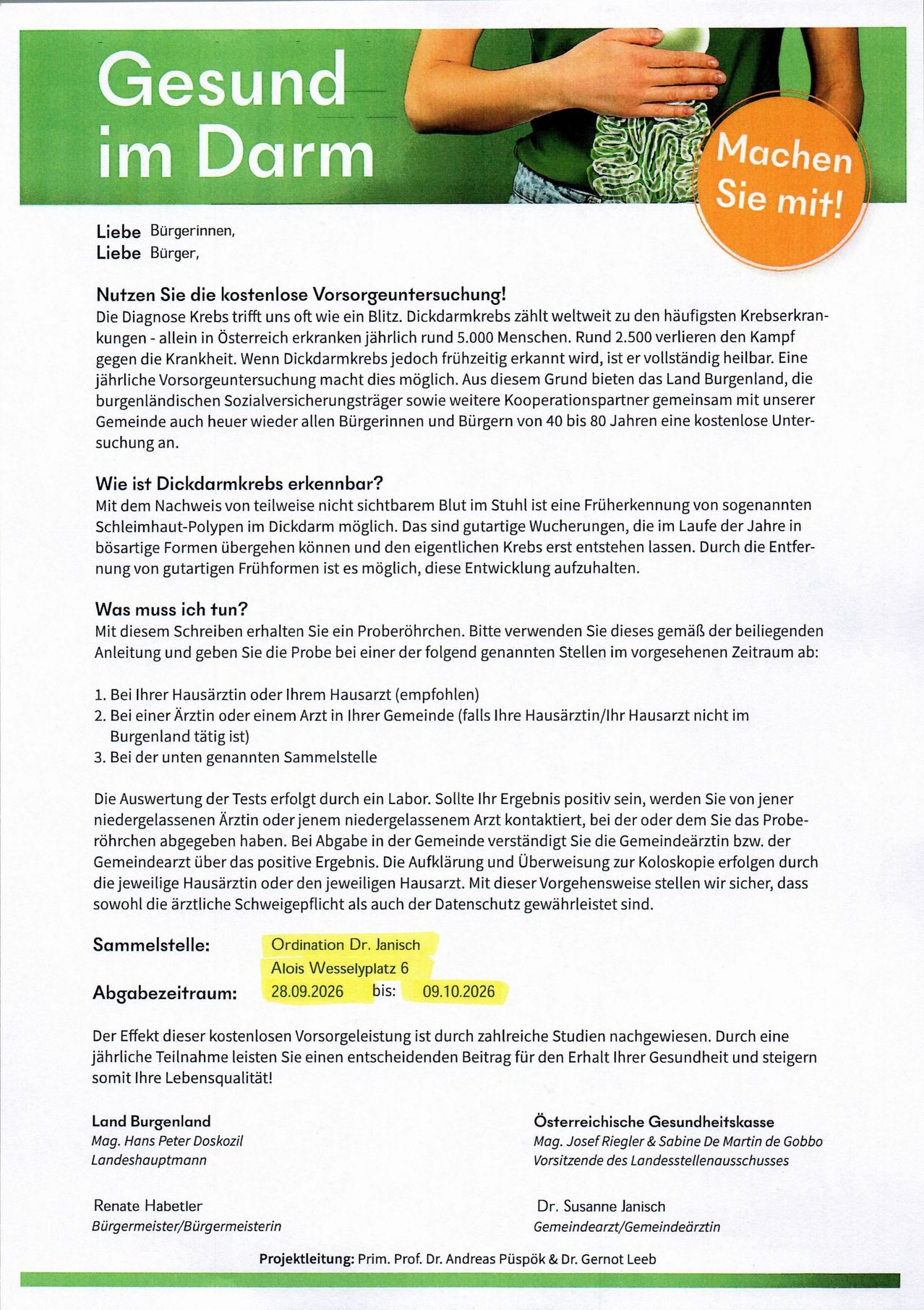 Ein Flyer, der kostenlose Krebsvorsorgeuntersuchungen für Personen im Alter von 40 bis 80 Jahren in Burgenland, Österreich, bewirbt. Er erklärt die Häufigkeit von Dickdarmkrebs, wie er frühzeitig erkannt werden kann und gibt Details zu Ort und Ablauf der Teilnahme an der Untersuchung.