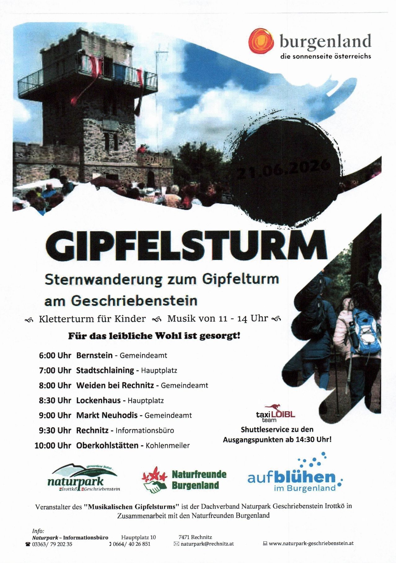Plakat für eine Sternwanderung zum Gifpelsturm. Geplante Haltestellen an verschiedenen Orten mit Zeiten und Beschreibungen. Datum ist der 21.06.2026.