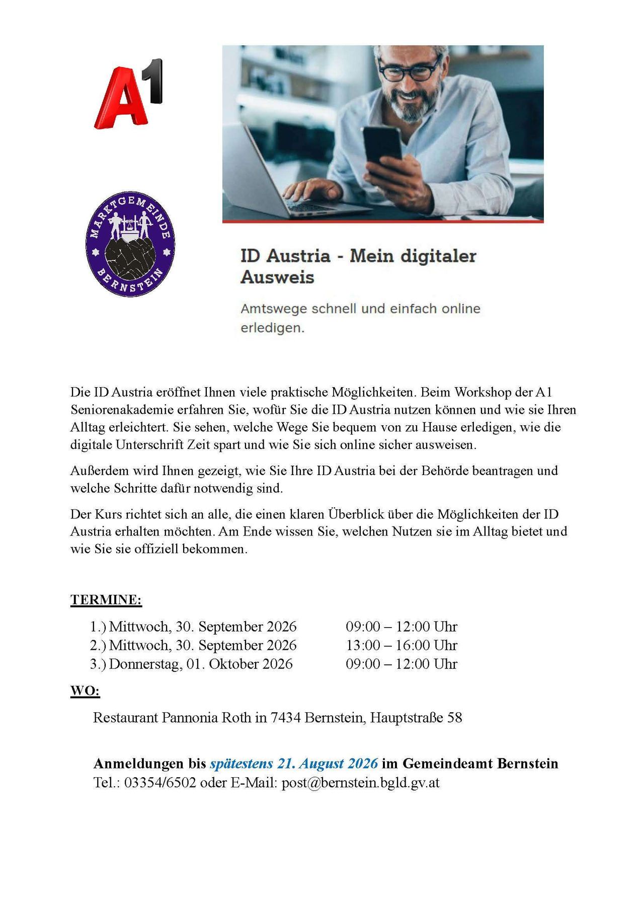 Ein Workshop der A1 Senior Akademie eröffnet Ihnen viele praktische Möglichkeiten von ID Austria. Erfahren Sie, wie Sie sie nutzen und wie sie Ihre Alltäglichkeiten erleichtern. Online-Registrierung ist schnell und einfach.