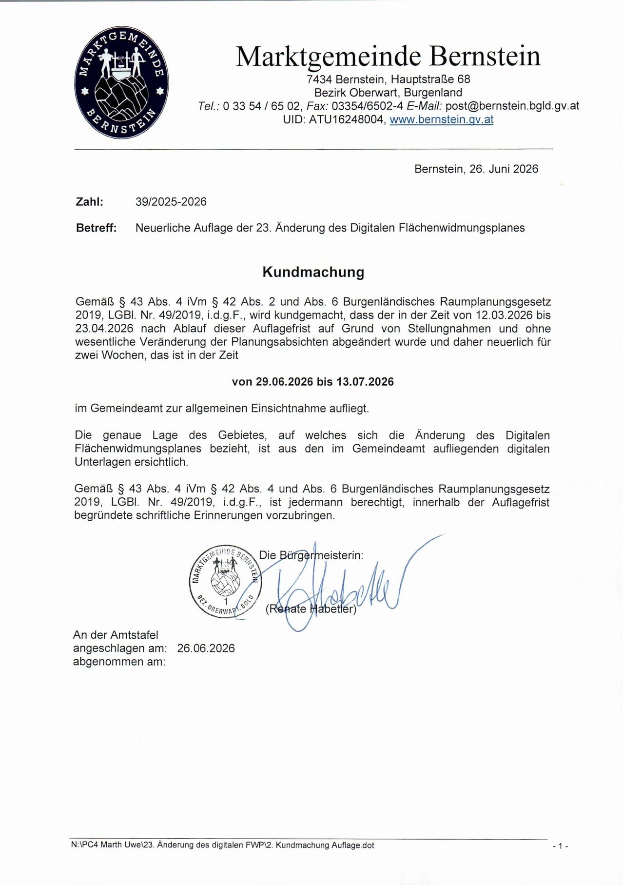 A notification was made regarding the 23rd amendment of the Digital Surface Width Plans, dated 29.06.2026 to 13.07.2026. It was made public for a period of two weeks. The municipality's digital plans were altered based on planning decisions, leading to the end of the previous order.