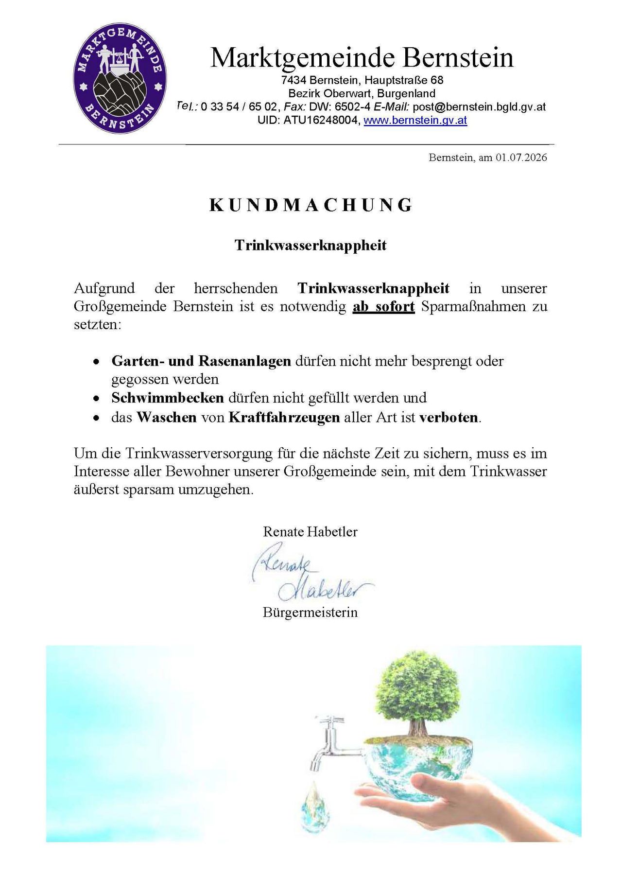 A notification from Bernstein dated 01.07.2026 regarding water shortage. Immediate measures include no watering gardens, filling swimming pools, or washing vehicles. Renate Habetler, Mayor, signs the notice.