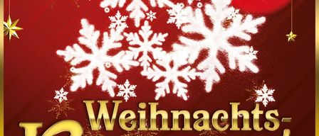 Ein Plakat für ein Weihnachtskonzert mit rotem Hintergrund, Schneeflocken und goldenen Sternen. Der Termin ist der 20. Dezember, 19:00. Es zeigt den Leykam-Chor und Katalin Mitterwallner am Klavier.