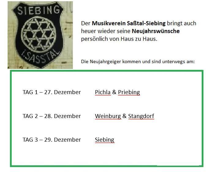 Ein Bild mit grünem Rand zeigt ein Logo mit dem Text 'Siebing' und einem Davidstern. Darunter steht 'Der Musikverein Saßtal-Siebing' und erwähnt Neujahrswünsche. Daten und Orte für TAG 1, 2 und 3 sind aufgelistet.