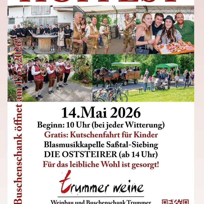Poster with various activities. A band, a horse-drawn carriage, and children enjoying. Event on May 14, 2026. Starts at 10 AM. Free carriage rides for children, food stalls, and performances by DIE OSTSTEIERER. Wine tasting provided.
