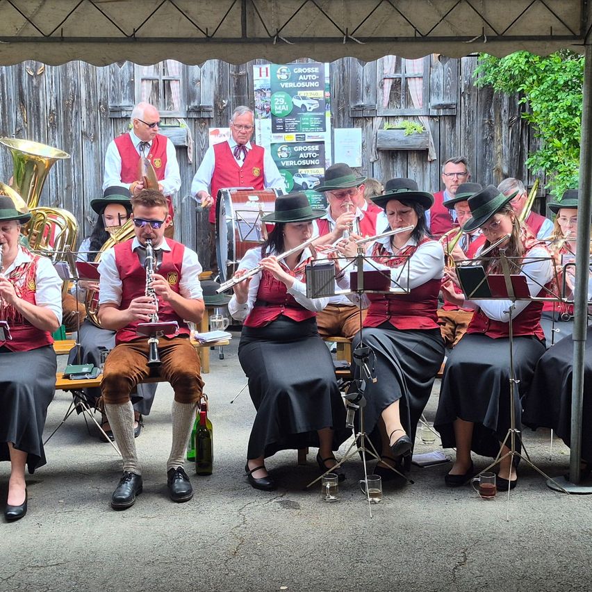 A group of musicians, wearing traditional clothing, perform in an outdoor setting. They play various instruments, including tuba and flute, under a canopy.