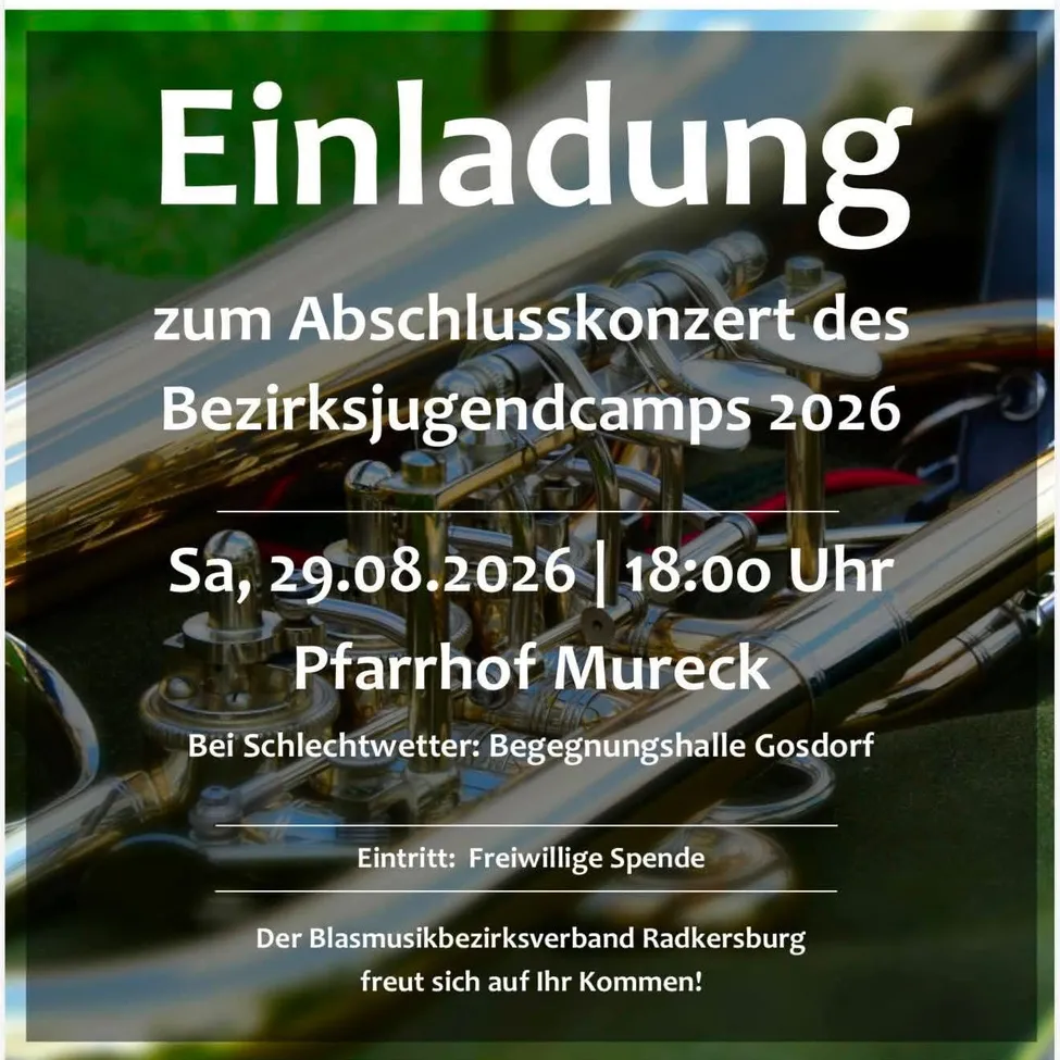 Plakat für das Abschlusskonzert des Bezirksjugendcamps 2026, mit einer Trompete und Details zur Veranstaltung.