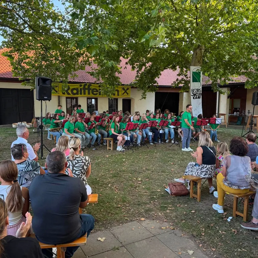 Eine Gruppe von Menschen in Grün spielt ein Musikkonzert vor einem Publikum unter einem Baum.