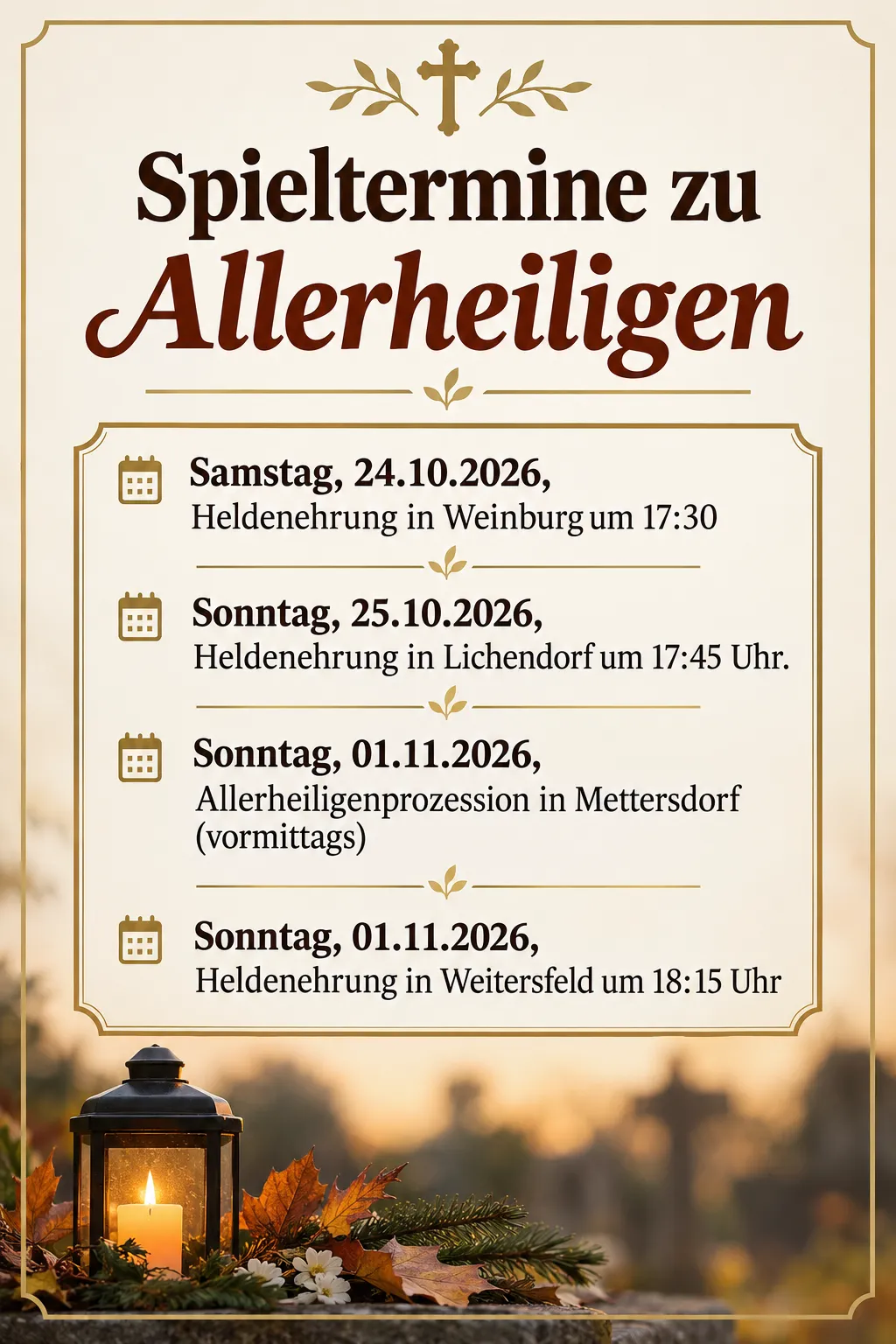 Ein Plakat mit goldenem Rand, das ein Kreuz und Blätter zeigt und 'Spieltermine zu Allerheiligen' ankündigt, mit Daten und Zeiten für Heldenehrung in Weinburg, Lichensdorf und Weitersfeld.