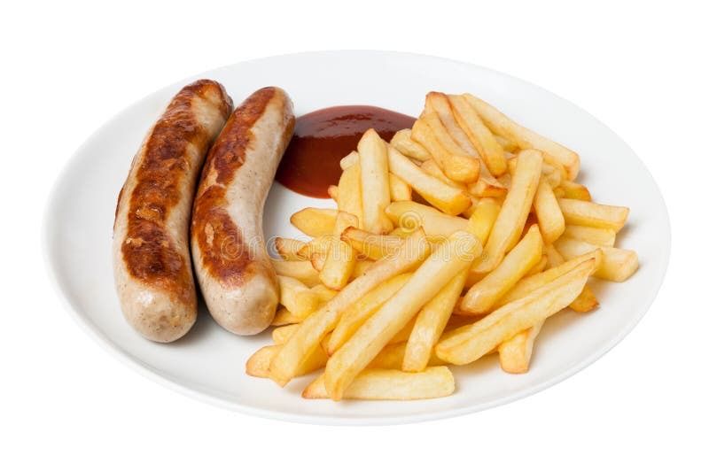 Ein weißer Teller enthält zwei Würstchen mit einem Pool Ketchup und eine Portion Pommes Frites.