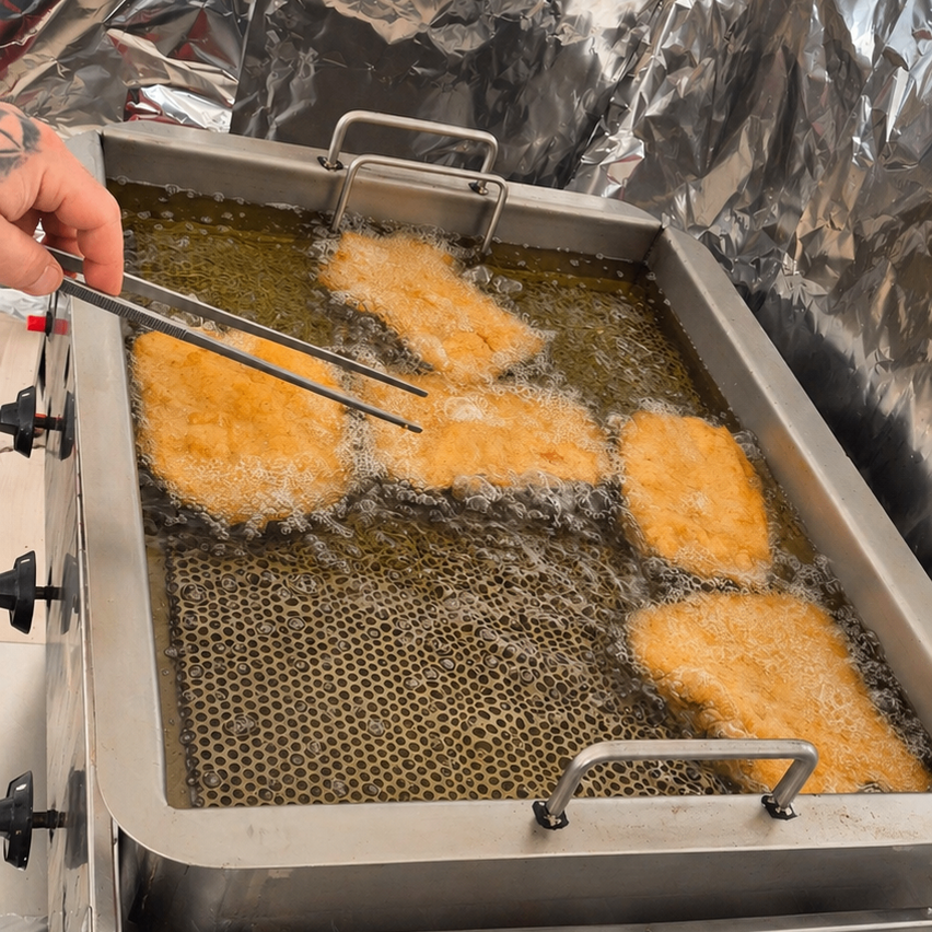 Eine Person benutzt Zangen, um teilweise gekochte frittierte Lebensmittel aus einer gewerblichen Fritteuse zu heben.