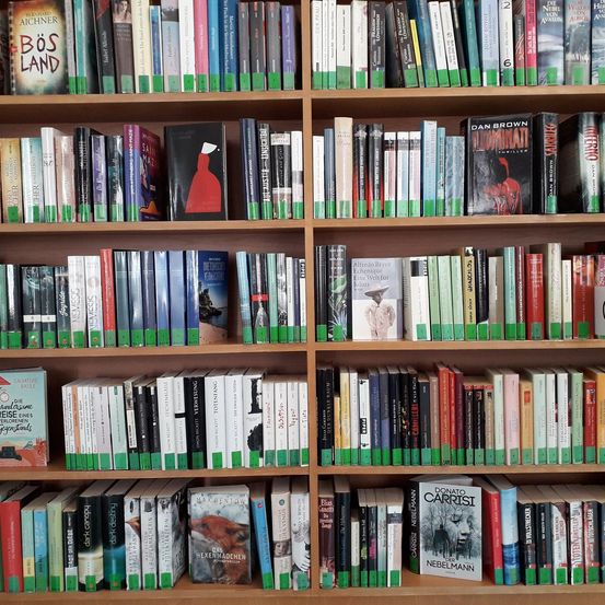 Ein hölzerne Bücherregal gefüllt mit Büchern. Mehrere Bücher sind auf dem Regal mit grünen Aufklebern an den Kanten ausgestellt.