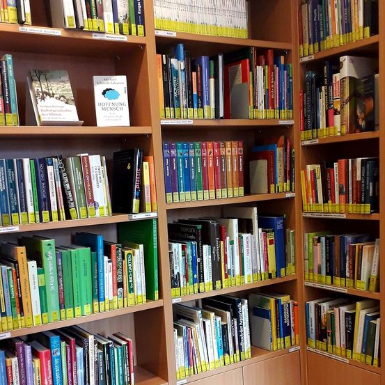 Ein hölzerne Bücherregal mit mehreren Reihen von Büchern, darunter einige mit dem Titel Hoffung Mensch und verschiedene andere Titel. Die Bücher sind in Reihen organisiert, und die oberste Reihe hat ein gelbes Etikett.