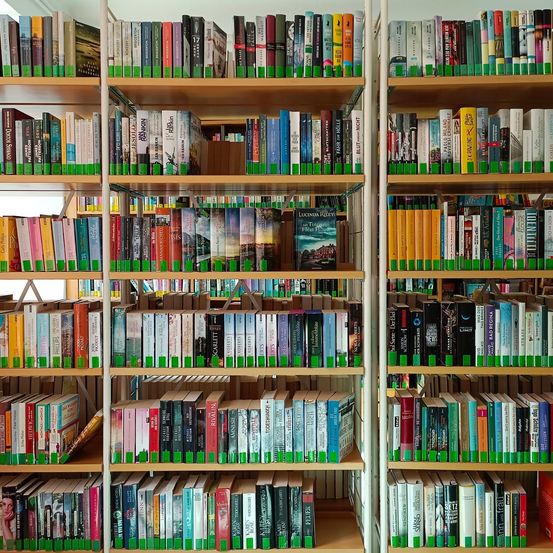 Reihen von Büchern sind auf Holzregalen angeordnet. Jeder Regalboden hat mehrere Reihen von Büchern mit grünen und weißen Markierungen. Die Bücher haben unterschiedliche Größen und Farben. Die Bücher sind ordentlich organisiert.