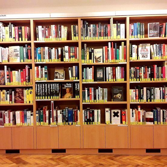 Ein hölzerne Bücherregal gefüllt mit Büchern in verschiedenen Größen und Farben, in Reihen angeordnet. Jedes Regal hat unten einen gelben Rand. Die Bücher umfassen eine Mischung aus Belletristik und Sachbüchern.