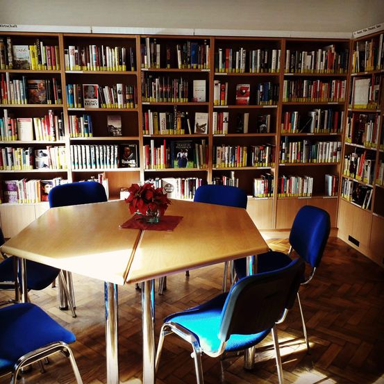 Ein Raum mit Holzbücherregalen voller Bücher. Ein sechseckiger Holztisch mit Blumenaufsatz ist von blauen Stühlen umgeben. Der Raum wird von Sonnenlicht beleuchtet, das von rechts hereinkommt.