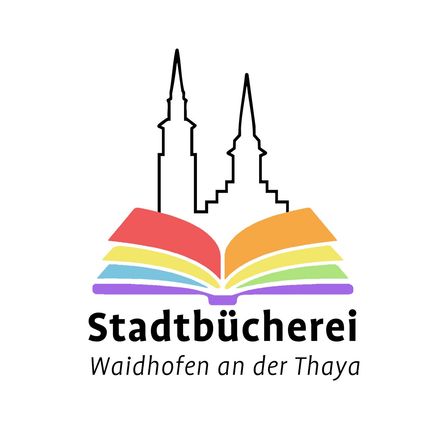 Logo der Stadtbucherei Waidhofen an der Thaya, mit einem offenen Buch, bunten Seiten und zwei Türmen oben.