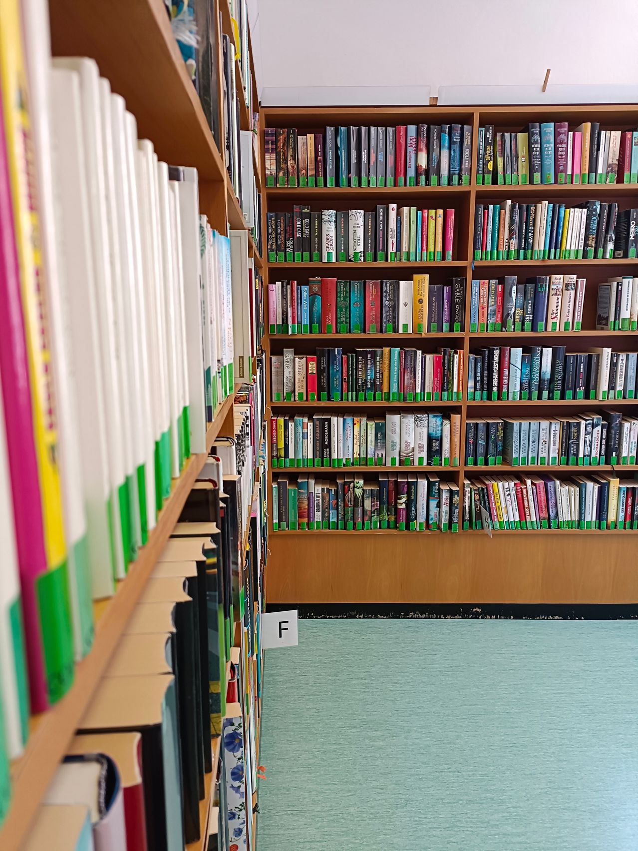 A library aisle with wooden shelves filled with books of various colors and sizes, with a carpeted floor and a letter F on a white sign.
