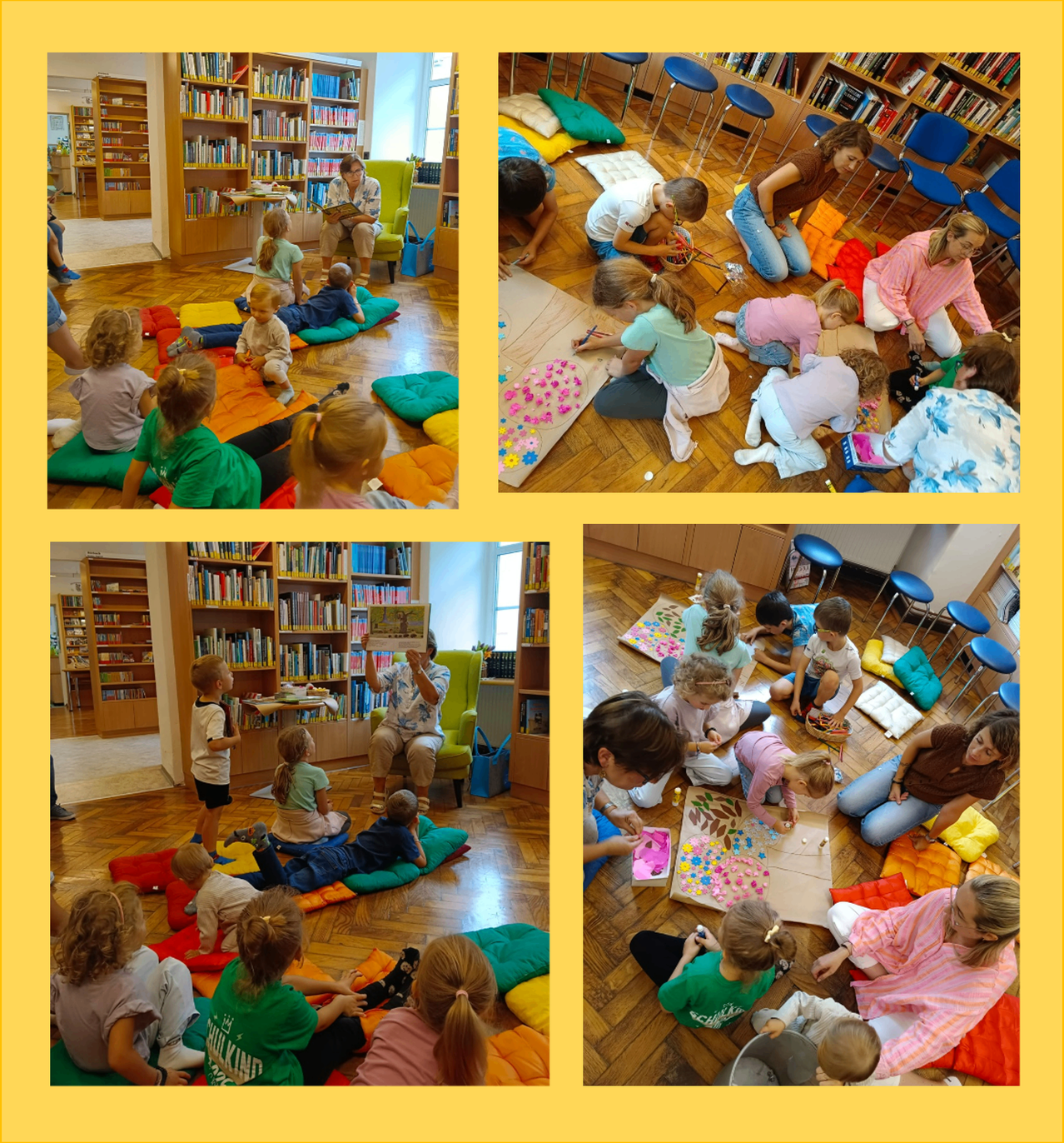 Four images of children in a library, engaging in various activities. One image shows children sitting on cushions and reading. Another shows children drawing on paper. A third image shows children sitting on the floor with books. The last image shows children sitting on cushions and playing with toys.