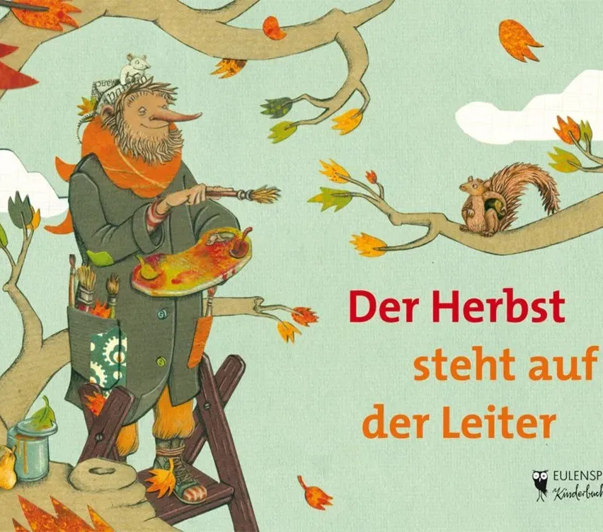 Ein Künstler mit einer langen Nase malt Herbstblätter auf einer Palette, während ein Eichhörnchen von einem Ast aus zusieht.