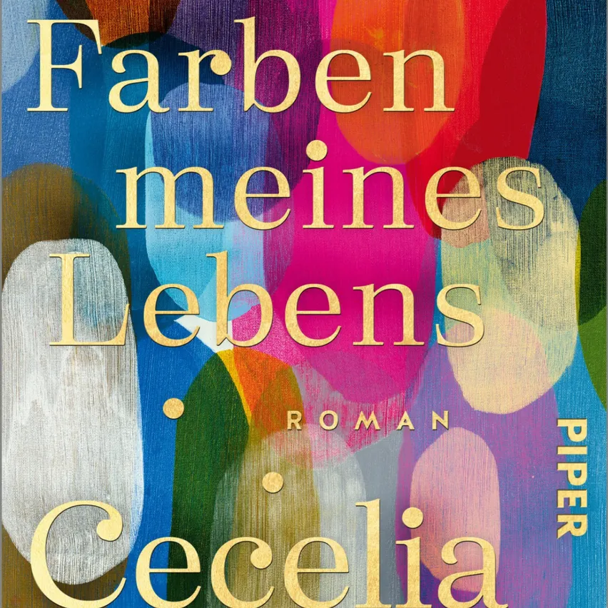 Das Buchcover zeigt fettgedruckten, goldenen Text 'Farben meines Lebens' mit einem farbenfrohen, abstrakten Hintergrund. Der Name der Autorin 'Cecilia' ist ebenfalls in Gold zu sehen.