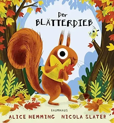 Illustration eines Eichhörnchens, das ein gelbes Blatt in einem Wald mit Herbstblättern und einem Vogel auf einem Ast hält.