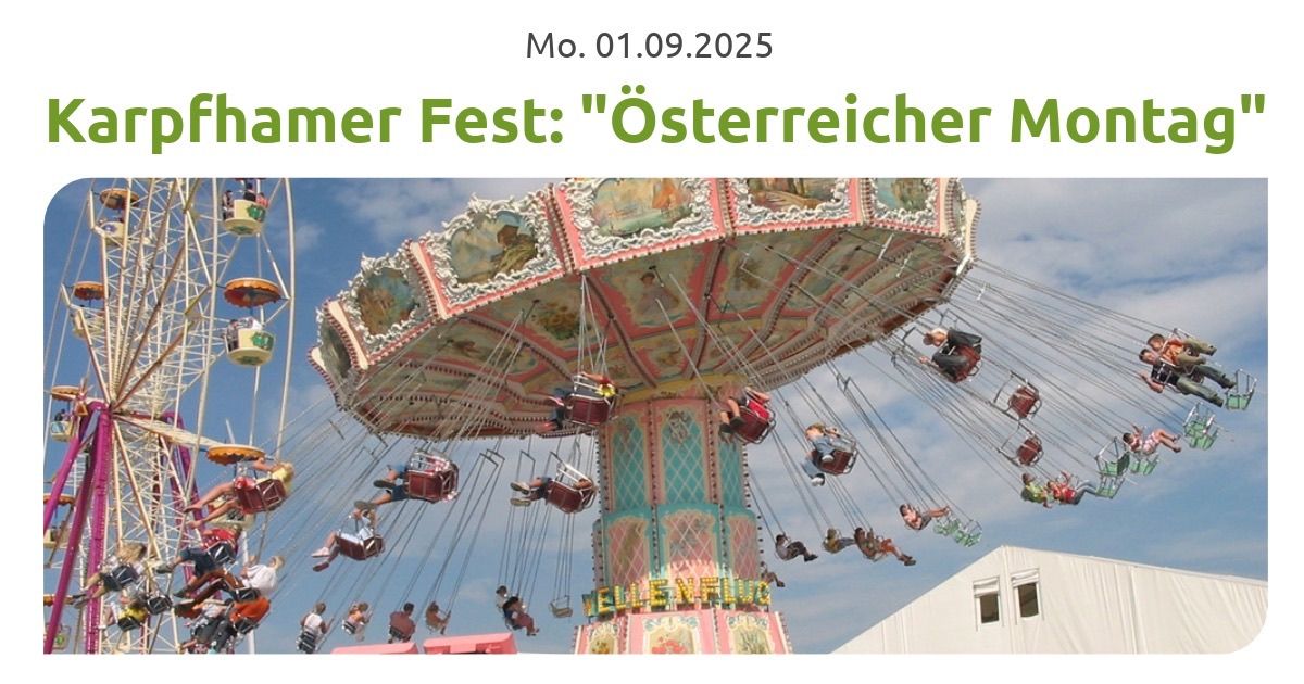 Das Bild zeigt eine Karussellfahrt, bei der Menschen an einem sonnigen Tag Spaß haben. Das Karussell ist mit verschiedenen farbenfrohen Gemälden verziert. Der Text darüber lautet 'Mutter Fest: Osterreicher.' Das Datum '01.09.2025' ist ebenfalls angezeigt.