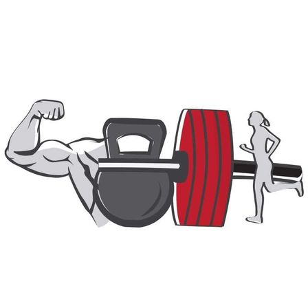 Illustration eines Mannes, der eine Langhantel hebt, und einer Frau, die in der Nähe läuft.