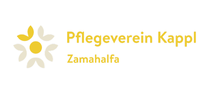 Logo des Pflegevereins Kappl Zamahälfa, mit einer stilisierten Blume mit gelbem Zentrum und Blütenblättern auf weißem Hintergrund.