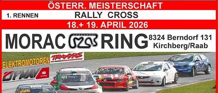 Plakat für die österreichische Rallye-Cross-Meisterschaft mit Rennwagen auf einer Rennstrecke mit Logos und Sponsoren. Geplant für den 18. und 19. April 2026.