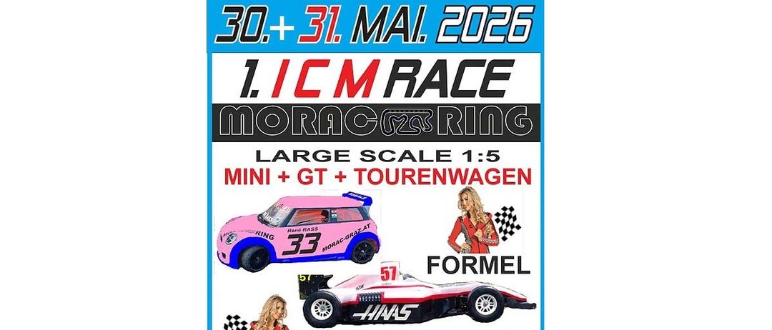 Ein Plakat für ein Autorennen am 30. und 31. Mai 2026 mit Großserienautos, Mini, GT und Tourenwagen. Zwei Frauen und drei Autos sind abgebildet. Besuchen Sie www.MORAC-GRAZ.AT für weitere Informationen.