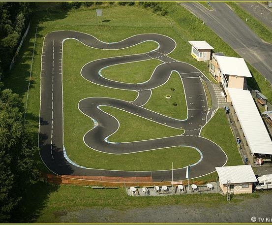 Luftaufnahme einer kurvenreichen Rennstrecke mit mehreren Gebäuden und Bäumen. Die Strecke hat weiße Markierungen und ist von einem Rasenfeld umgeben. Es gibt eine Straße, die zur Strecke führt.
