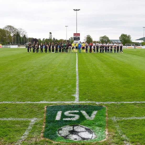 Fußballspieler stehen in zwei Reihen auf einem grünen Feld, ein Fußball-Logo ist auf dem Boden.