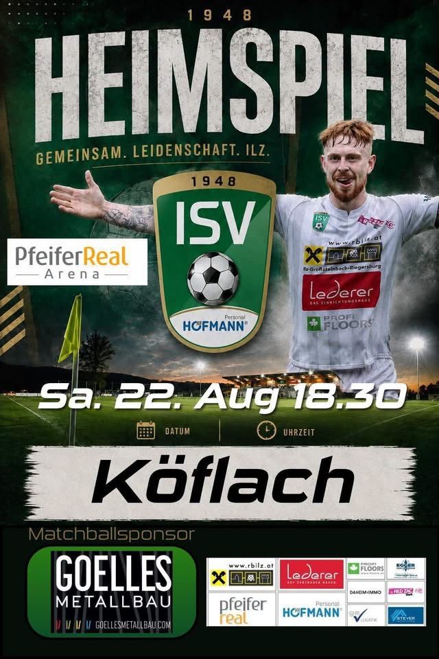 Plakat für ein Fußballspiel mit einem Spieler in einem weißen Trikot mit dem Logo ISV, Datum und Uhrzeit des Spiels und Sponsoren.