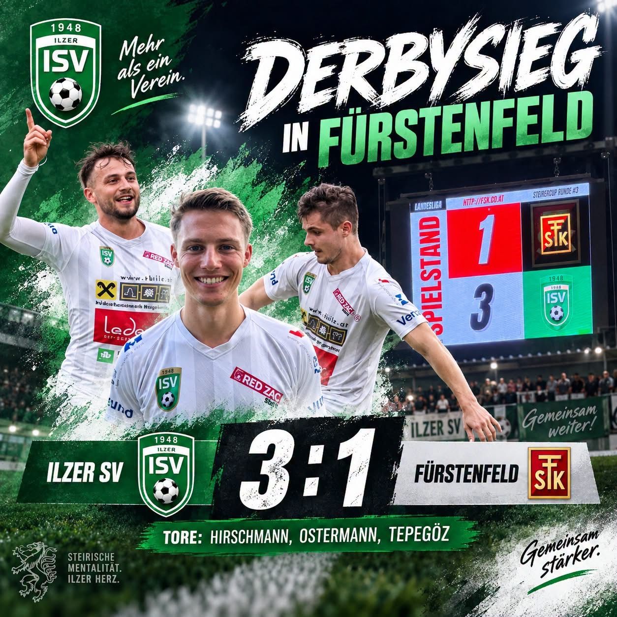 Three soccer players celebrate a victory in a derby match. The scoreboard shows a score of 3 to 1. The players are wearing white jerseys with various sponsors' logos. The background features a stadium with a crowd.